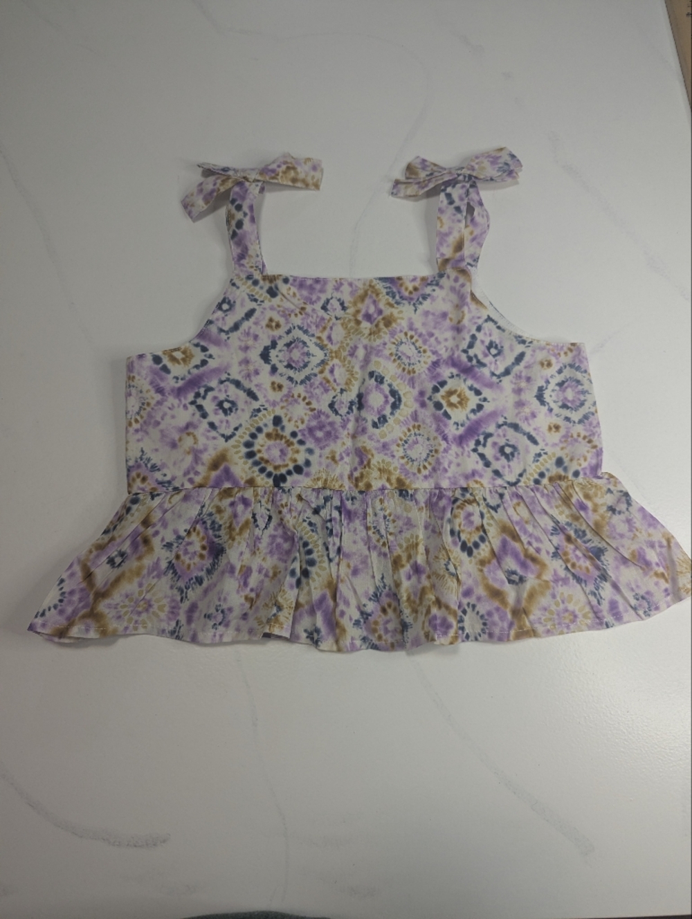 Mango Kids Melinda Ikat Print Bow Strap Ruffle Hem Cotton Top Girls Size 11years